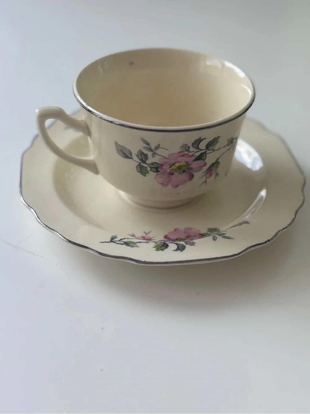 Vintage W.S. George Cream Floral Teacup and Saucer Set with Pink Rose Motif